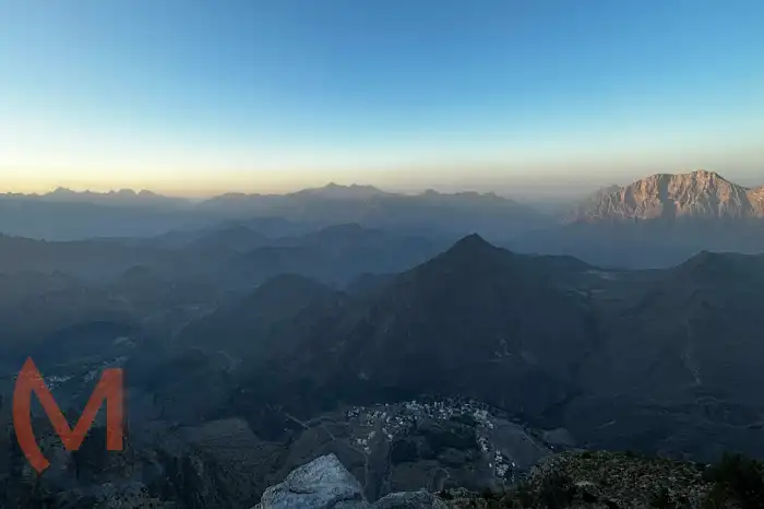 Panoramic view from Al Jabal Al Sharqie lookout overlooking rugged mountain ridges and valleys near Nizwa (Wilayat), Ad Dakhiliyah Governorate